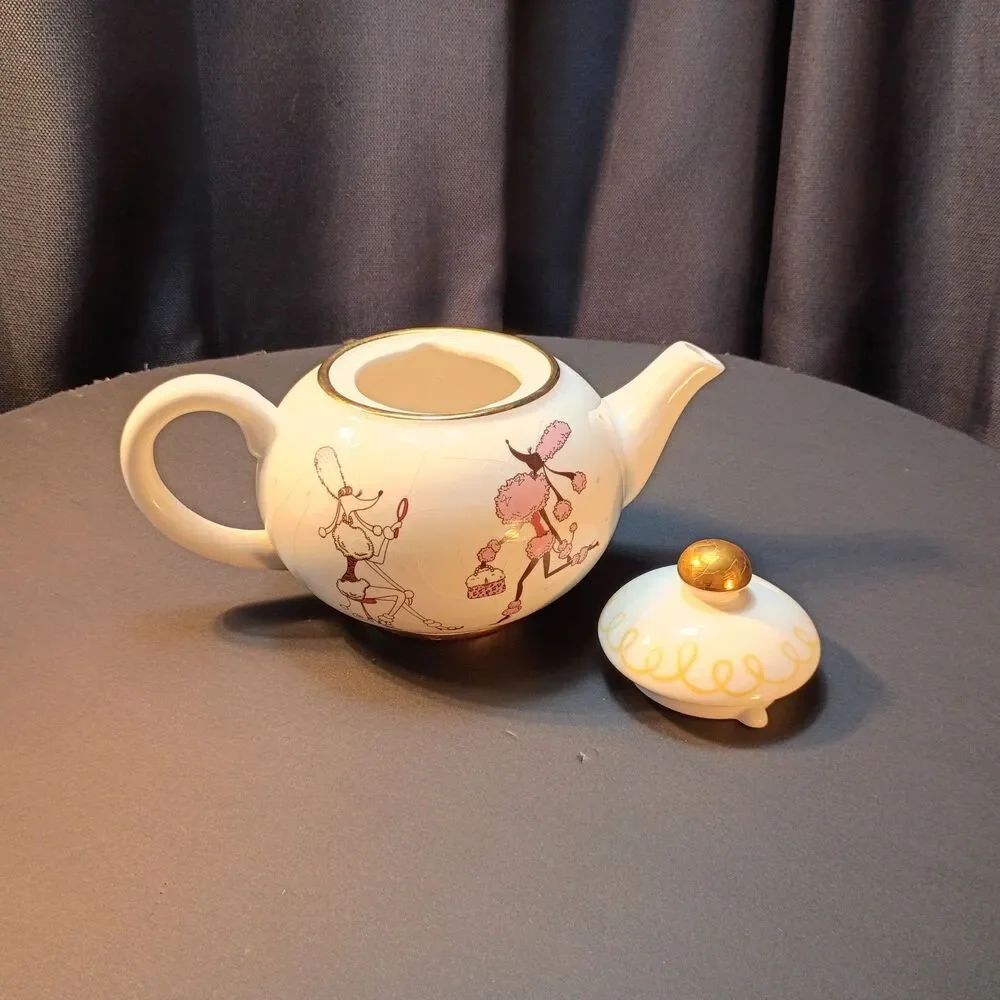 Vintage Paul Cardew French Poodle Teapot & Lid, MCM Pink Deco, England, 18K Gold